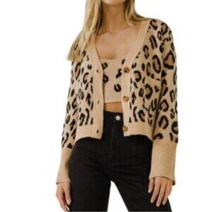 Grey Lab Leopard Knit Cardigan 3 Button‎ Pocket Front Sweater Size L